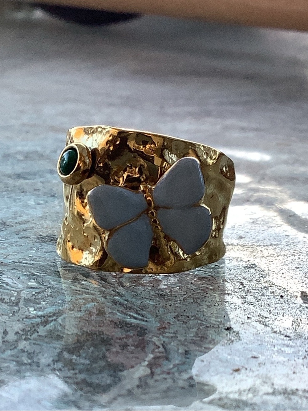 18K Gold PLATED Butterfly Accent Ring with Light Blue Enamel and Green Stone